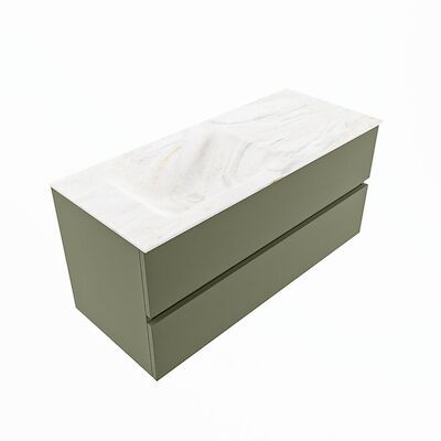 MONDIAZ VICA-DLUX 110cm badmeubel onderkast Army 2 lades. Inbouw wastafel CLOUD links zonder kraangat, kleur Ostra, en spiegel model SPOT