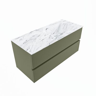 MONDIAZ VICA-DLUX 110cm badmeubel onderkast Army 2 lades. Inbouw wastafel CLOUD rechts 1 kraangat, kleur Glace, en spiegel model SPOT
