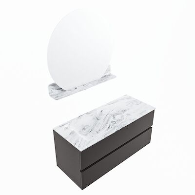 MONDIAZ VICA-DLUX 110cm badmeubel onderkast Dark grey 2 lades. Inbouw wastafel CLOUD links zonder kraangat, kleur Glace, en spiegel model SPOT