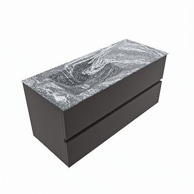 MONDIAZ VICA-DLUX 110cm badmeubel onderkast Dark grey 2 lades. Inbouw wastafel CLOUD links zonder kraangat, kleur Lava, en spiegel model SPOT