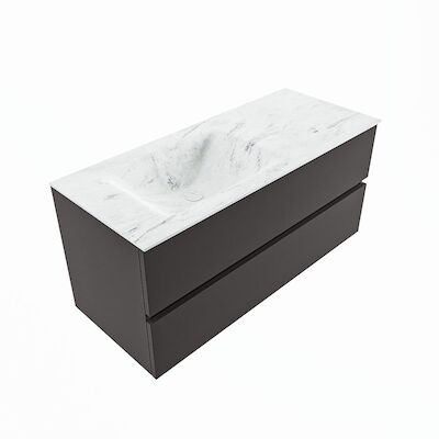 MONDIAZ VICA-DLUX 110cm badmeubel onderkast Dark grey 2 lades. Inbouw wastafel CLOUD links zonder kraangat, kleur Opalo, en spiegel model SPOT