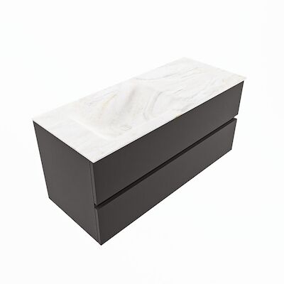 MONDIAZ VICA-DLUX 110cm badmeubel onderkast Dark grey 2 lades. Inbouw wastafel CLOUD links zonder kraangat, kleur Ostra, en spiegel model SPOT