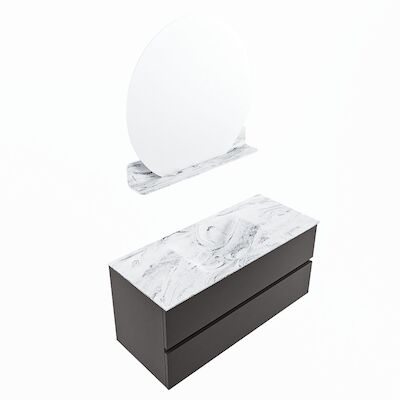 MONDIAZ VICA-DLUX 110cm badmeubel onderkast Dark grey 2 lades. Inbouw wastafel CLOUD midden zonder kraangat, kleur Glace, en spiegel model SPOT