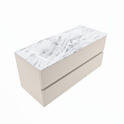 MONDIAZ VICA-DLUX 110cm badmeubel onderkast Linen 2 lades. Inbouw wastafel CLOUD links 1 kraangat, kleur Glace, en spiegel model SPOT