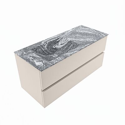 MONDIAZ VICA-DLUX 110cm badmeubel onderkast Linen 2 lades. Inbouw wastafel CLOUD links 1 kraangat, kleur Lava, en spiegel model SPOT