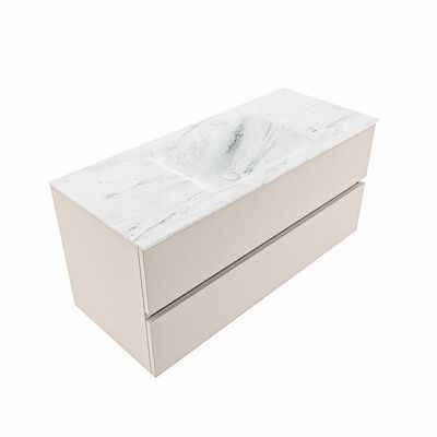 MONDIAZ VICA-DLUX 110cm badmeubel onderkast Linen 2 lades. Inbouw wastafel CLOUD midden 1 kraangat, kleur Opalo, en spiegel model SPOT
