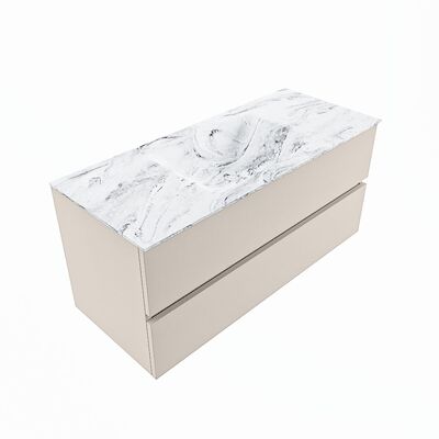 MONDIAZ VICA-DLUX 110cm badmeubel onderkast Linen 2 lades. Inbouw wastafel CLOUD midden zonder kraangat, kleur Glace, en spiegel model SPOT