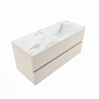 MONDIAZ VICA-DLUX 110cm badmeubel onderkast Linen 2 lades. Inbouw wastafel CLOUD rechts zonder kraangat, kleur Frappe, en spiegel model SPOT