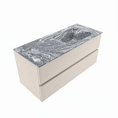 MONDIAZ VICA-DLUX 110cm badmeubel onderkast Linen 2 lades. Inbouw wastafel CLOUD rechts zonder kraangat, kleur Lava, en spiegel model SPOT