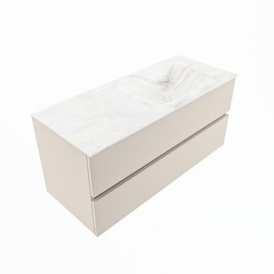 MONDIAZ VICA-DLUX 110cm badmeubel onderkast Linen 2 lades. Inbouw wastafel CLOUD rechts zonder kraangat, kleur Ostra, en spiegel model SPOT