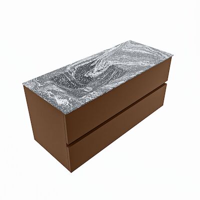 MONDIAZ VICA-DLUX 110cm badmeubel onderkast Rust 2 lades. Inbouw wastafel CLOUD links zonder kraangat, kleur Lava, en spiegel model SPOT
