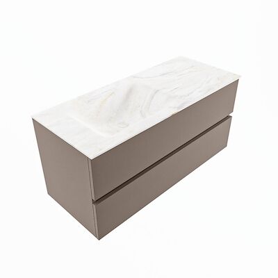 MONDIAZ VICA-DLUX 110cm badmeubel onderkast Smoke 2 lades. Inbouw wastafel CLOUD links 1 kraangat, kleur Ostra, en spiegel model SPOT