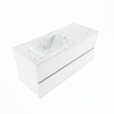 MONDIAZ VICA-DLUX 110cm badmeubel onderkast Talc 2 lades. Inbouw wastafel CLOUD links zonder kraangat, kleur Opalo, en spiegel model SPOT