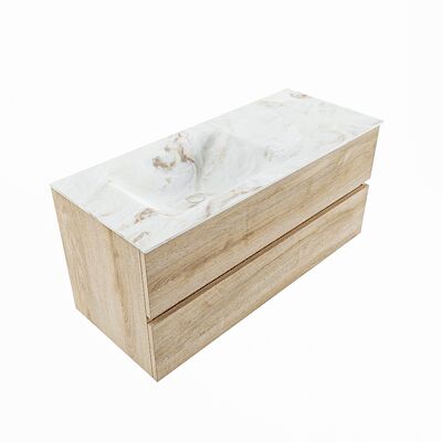 MONDIAZ VICA-DLUX 110cm badmeubel onderkast Washed Oak 2 lades. Inbouw wastafel CLOUD links 1 kraangat, kleur Frappe, en spiegel model SPOT
