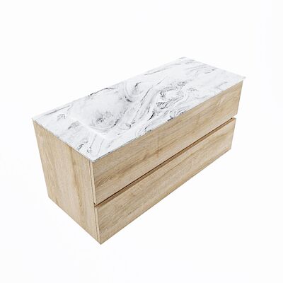 MONDIAZ VICA-DLUX 110cm badmeubel onderkast Washed Oak 2 lades. Inbouw wastafel CLOUD links zonder kraangat, kleur Glace, en spiegel model SPOT