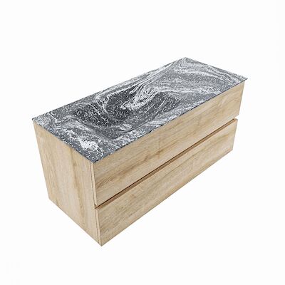 MONDIAZ VICA-DLUX 110cm badmeubel onderkast Washed Oak 2 lades. Inbouw wastafel CLOUD links zonder kraangat, kleur Lava, en spiegel model SPOT