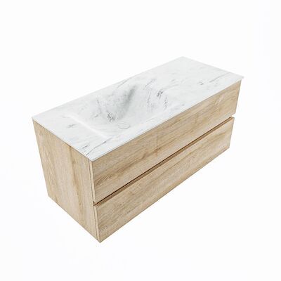 MONDIAZ VICA-DLUX 110cm badmeubel onderkast Washed Oak 2 lades. Inbouw wastafel CLOUD links zonder kraangat, kleur Opalo, en spiegel model SPOT