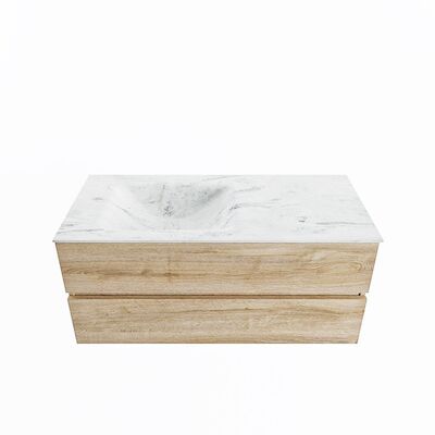 MONDIAZ VICA-DLUX 110cm badmeubel onderkast Washed Oak 2 lades. Inbouw wastafel CLOUD links zonder kraangat, kleur Opalo.