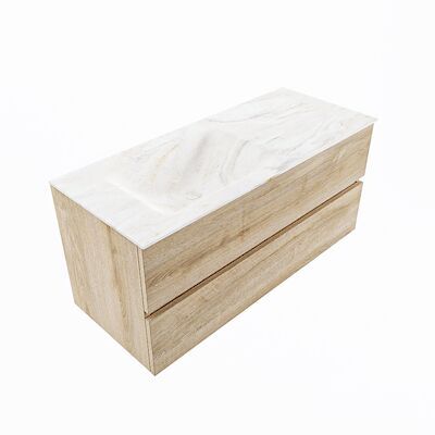 MONDIAZ VICA-DLUX 110cm badmeubel onderkast Washed Oak 2 lades. Inbouw wastafel CLOUD links zonder kraangat, kleur Ostra, en spiegel model SPOT