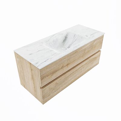 MONDIAZ VICA-DLUX 110cm badmeubel onderkast Washed Oak 2 lades. Inbouw wastafel CLOUD midden 1 kraangat, kleur Opalo, en spiegel model SPOT