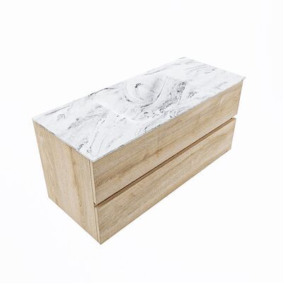 MONDIAZ VICA-DLUX 110cm badmeubel onderkast Washed Oak 2 lades. Inbouw wastafel CLOUD midden zonder kraangat, kleur Glace, en spiegel model SPOT