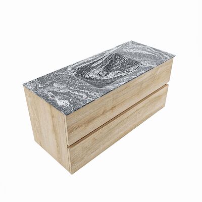 MONDIAZ VICA-DLUX 110cm badmeubel onderkast Washed Oak 2 lades. Inbouw wastafel CLOUD midden zonder kraangat, kleur Lava, en spiegel model SPOT