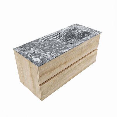 MONDIAZ VICA-DLUX 110cm badmeubel onderkast Washed Oak 2 lades. Inbouw wastafel CLOUD rechts 1 kraangat, kleur Lava, en spiegel model SPOT