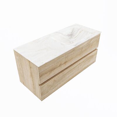 MONDIAZ VICA-DLUX 110cm badmeubel onderkast Washed Oak 2 lades. Inbouw wastafel CLOUD rechts 1 kraangat, kleur Ostra, en spiegel model SPOT
