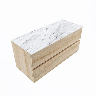 MONDIAZ VICA-DLUX 110cm badmeubel onderkast Washed Oak 2 lades. Inbouw wastafel CLOUD rechts zonder kraangat, kleur Glace, en spiegel model SPOT