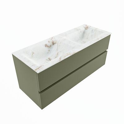 MONDIAZ VICA-DLUX 120cm badmeubel onderkast Army 2 lades. Inbouw wastafel CLOUD dubbel zonder kraangat, kleur Frappe, en spiegel model SPOT