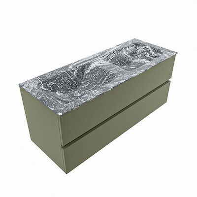 MONDIAZ VICA-DLUX 120cm badmeubel onderkast Army 2 lades. Inbouw wastafel CLOUD dubbel zonder kraangat, kleur Lava, en spiegel model SPOT