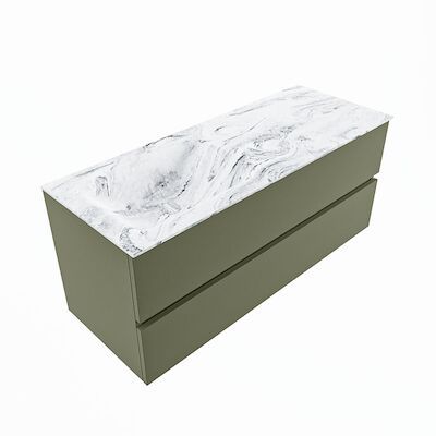 MONDIAZ VICA-DLUX 120cm badmeubel onderkast Army 2 lades. Inbouw wastafel CLOUD links zonder kraangat, kleur Glace, en spiegel model SPOT