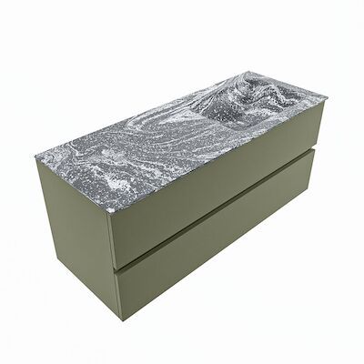 MONDIAZ VICA-DLUX 120cm badmeubel onderkast Army 2 lades. Inbouw wastafel CLOUD rechts 1 kraangat, kleur Lava, en spiegel model SPOT