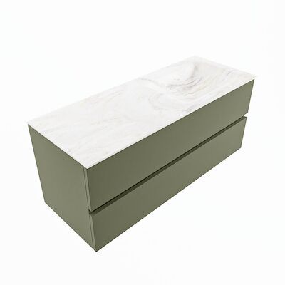 MONDIAZ VICA-DLUX 120cm badmeubel onderkast Army 2 lades. Inbouw wastafel CLOUD rechts 1 kraangat, kleur Ostra, en spiegel model SPOT