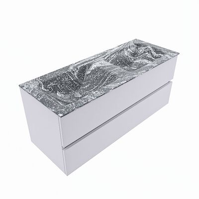 MONDIAZ VICA-DLUX 120cm badmeubel onderkast Cale 2 lades. Inbouw wastafel CLOUD dubbel 2 kraangaten, kleur Lava, en spiegel model SPOT