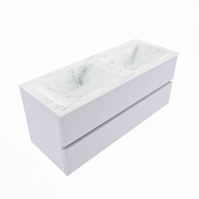 MONDIAZ VICA-DLUX 120cm badmeubel onderkast Cale 2 lades. Inbouw wastafel CLOUD dubbel 2 kraangaten, kleur Opalo, en spiegel model SPOT