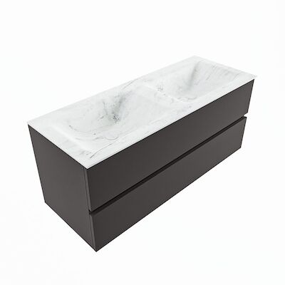 MONDIAZ VICA-DLUX 120cm badmeubel onderkast Dark grey 2 lades. Inbouw wastafel CLOUD dubbel 2 kraangaten, kleur Opalo, en spiegel model SPOT