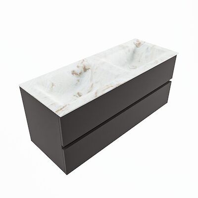 MONDIAZ VICA-DLUX 120cm badmeubel onderkast Dark grey 2 lades. Inbouw wastafel CLOUD dubbel zonder kraangat, kleur Frappe, en spiegel model SPOT