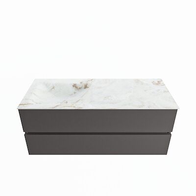 MONDIAZ VICA-DLUX 120cm badmeubel onderkast Dark grey 2 lades. Inbouw wastafel CLOUD links 1 kraangat, kleur Frappe.