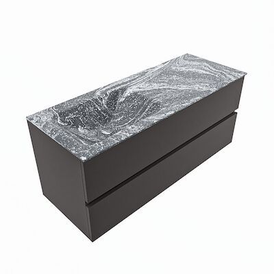 MONDIAZ VICA-DLUX 120cm badmeubel onderkast Dark grey 2 lades. Inbouw wastafel CLOUD links 1 kraangat, kleur Lava, en spiegel model SPOT