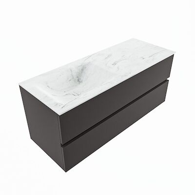 MONDIAZ VICA-DLUX 120cm badmeubel onderkast Dark grey 2 lades. Inbouw wastafel CLOUD links zonder kraangat, kleur Opalo, en spiegel model SPOT