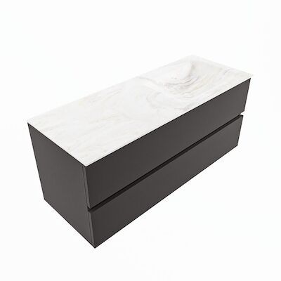 MONDIAZ VICA-DLUX 120cm badmeubel onderkast Dark grey 2 lades. Inbouw wastafel CLOUD rechts zonder kraangat, kleur Ostra, en spiegel model SPOT