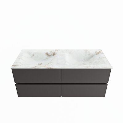 MONDIAZ VICA-DLUX 120cm badmeubel onderkast Dark grey 4 lades. Inbouw wastafel CLOUD dubbel zonder kraangat, kleur Frappe.