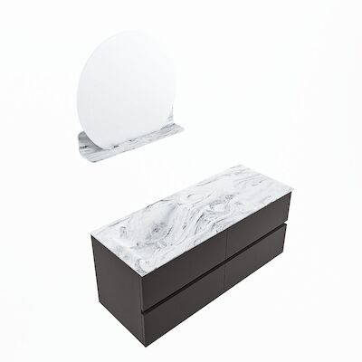 MONDIAZ VICA-DLUX 120cm badmeubel onderkast Dark grey 4 lades. Inbouw wastafel CLOUD links zonder kraangat, kleur Glace, en spiegel model SPOT
