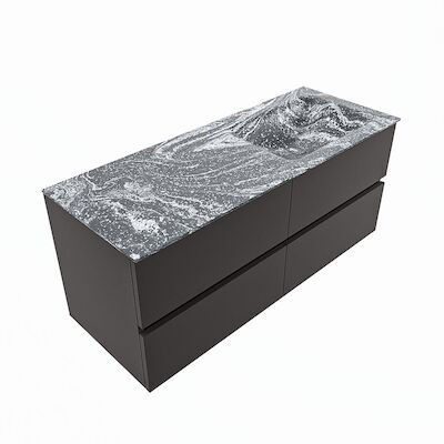 MONDIAZ VICA-DLUX 120cm badmeubel onderkast Dark grey 4 lades. Inbouw wastafel CLOUD rechts zonder kraangat, kleur Lava, en spiegel model SPOT