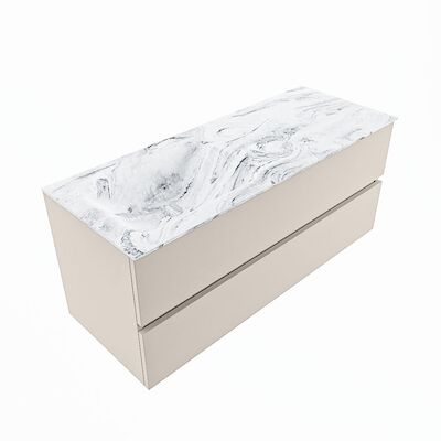 MONDIAZ VICA-DLUX 120cm badmeubel onderkast Linen 2 lades. Inbouw wastafel CLOUD links 1 kraangat, kleur Glace, en spiegel model SPOT