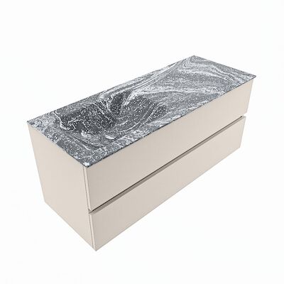MONDIAZ VICA-DLUX 120cm badmeubel onderkast Linen 2 lades. Inbouw wastafel CLOUD links zonder kraangat, kleur Lava, en spiegel model SPOT
