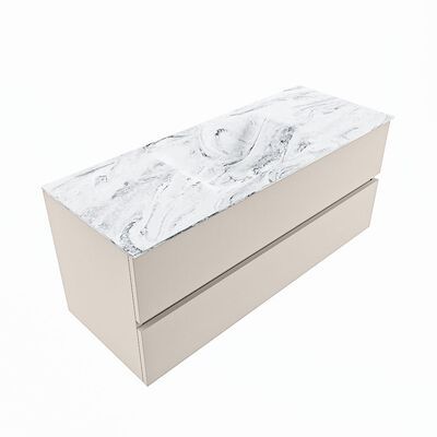 MONDIAZ VICA-DLUX 120cm badmeubel onderkast Linen 2 lades. Inbouw wastafel CLOUD midden 1 kraangat, kleur Glace, en spiegel model SPOT
