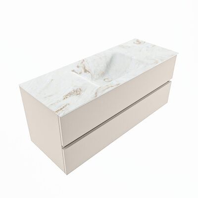 MONDIAZ VICA-DLUX 120cm badmeubel onderkast Linen 2 lades. Inbouw wastafel CLOUD midden zonder kraangat, kleur Frappe, en spiegel model SPOT