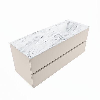 MONDIAZ VICA-DLUX 120cm badmeubel onderkast Linen 2 lades. Inbouw wastafel CLOUD rechts zonder kraangat, kleur Glace, en spiegel model SPOT